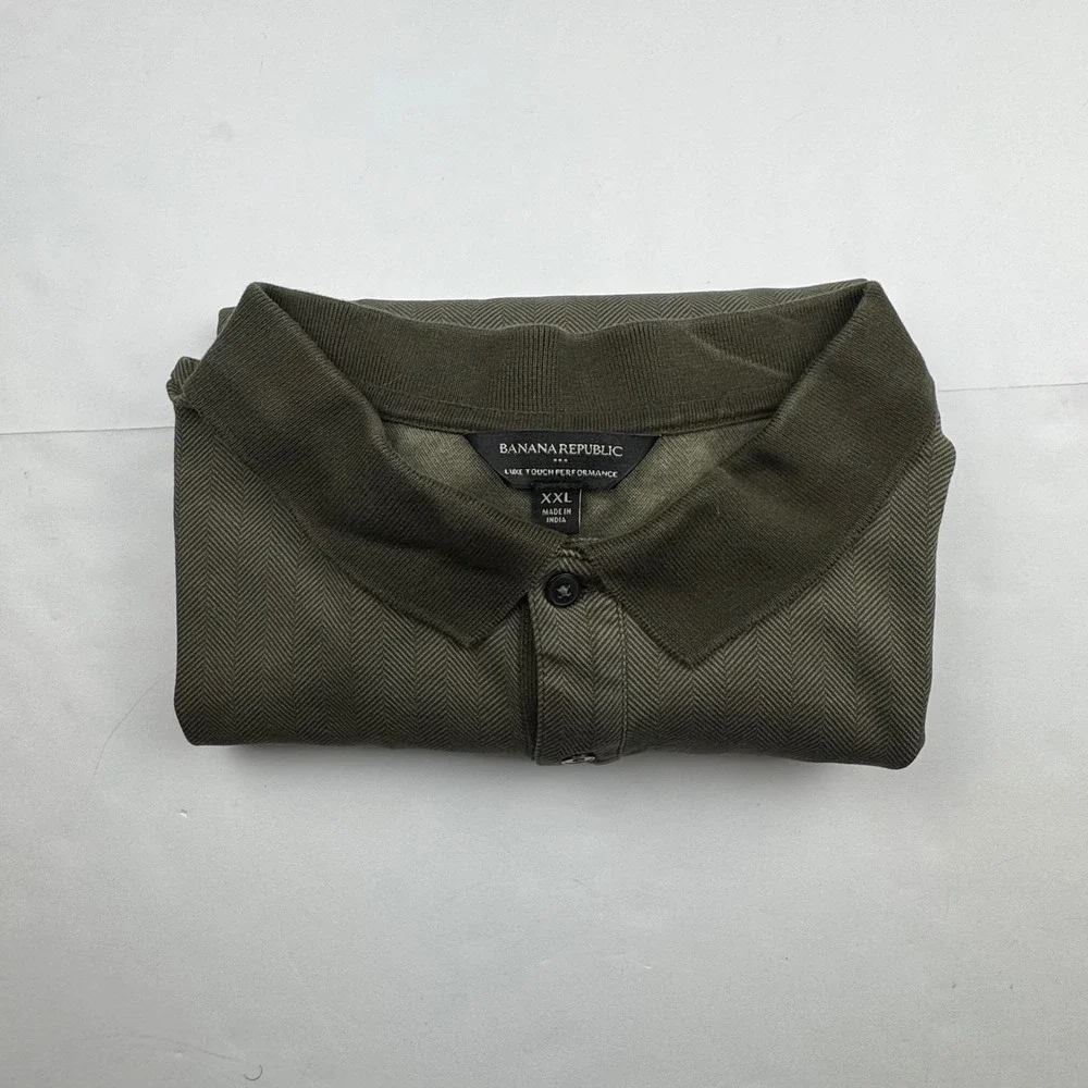 Banana Republic Polo Shirt XXL Olive Green Herringbone Luxe Touch Performance